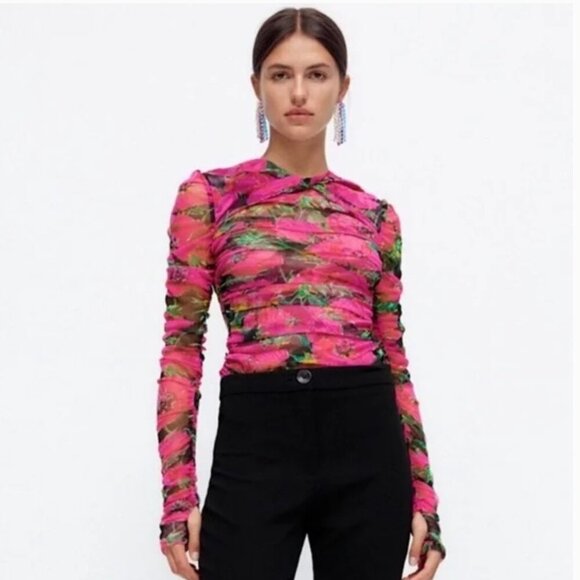 Zara Tops - ZARA Pink Floral Printed Draped Tulle Mesh Top Size XL NEW WITH TAG!